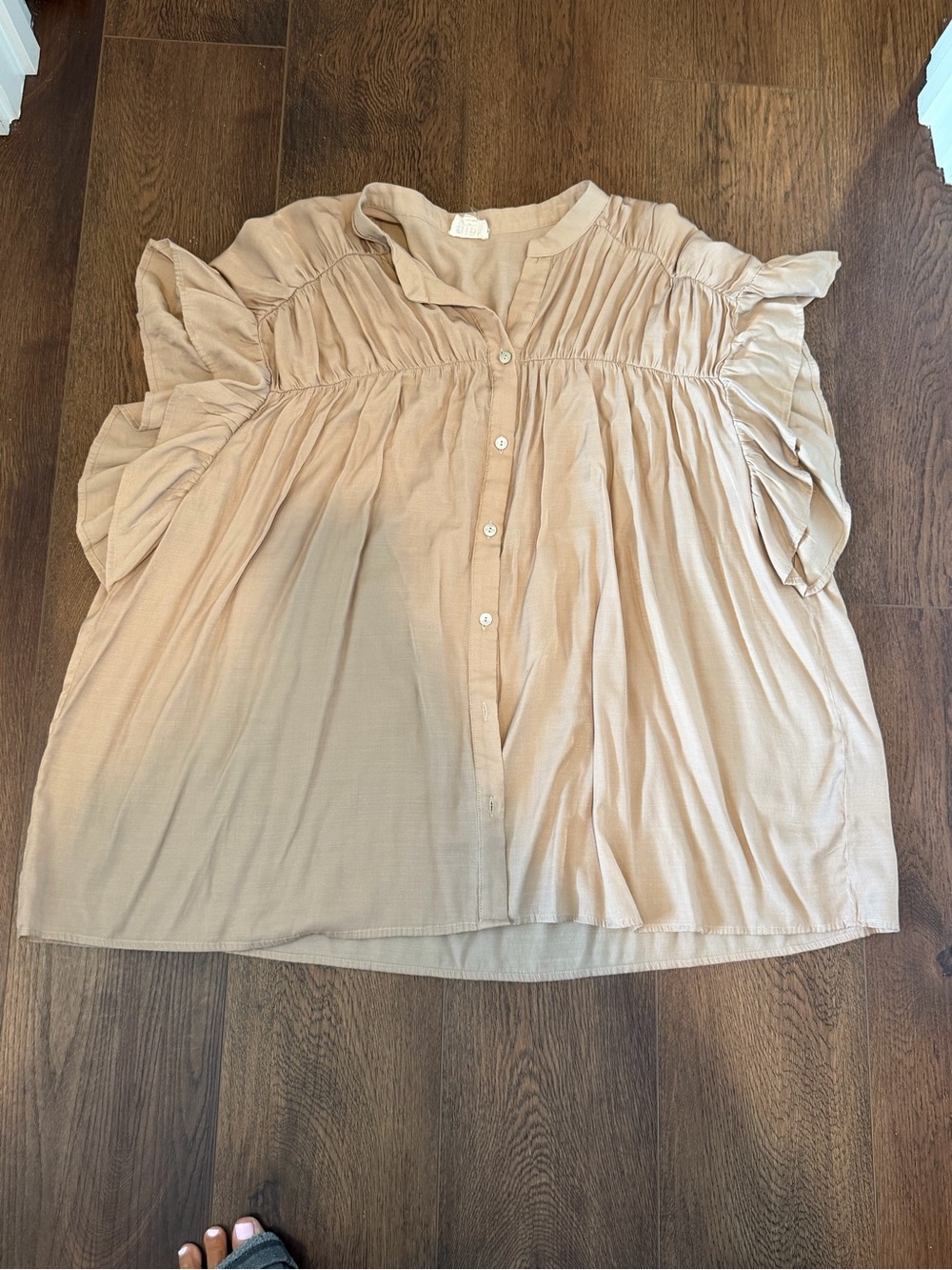 BiBi Beige Ruffle-Sleeve Button Front Blouse